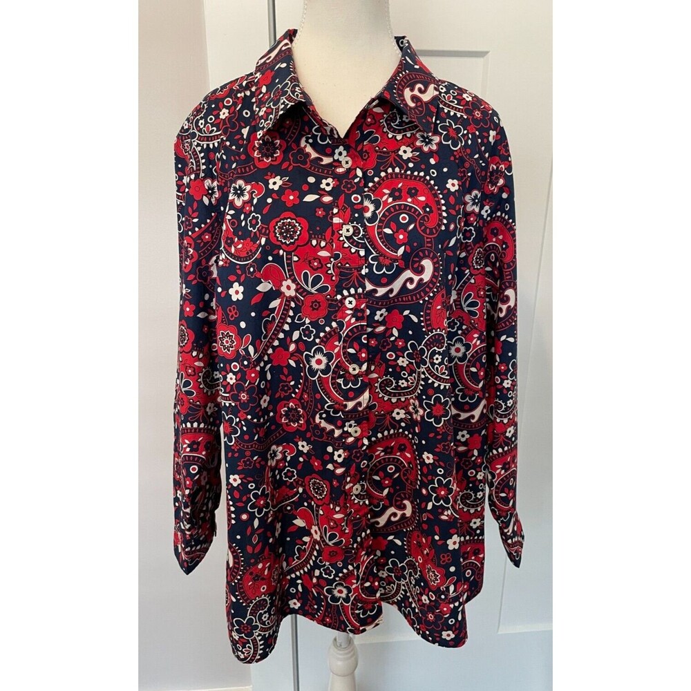 Talbots Womens Button TOP Long Sleeve RED White Blue FLORAL Size 3XP